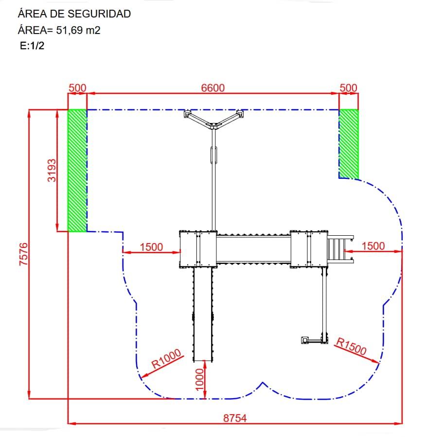 Parque infantil Lima con tobogán, red de trepar, columpio y pasarela