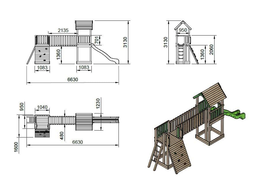Parque infantil Masgames Aurora Boreal homologado para uso público horeca, com dois torres com casinha, escorrefa, passarela e parede de escalada medidas