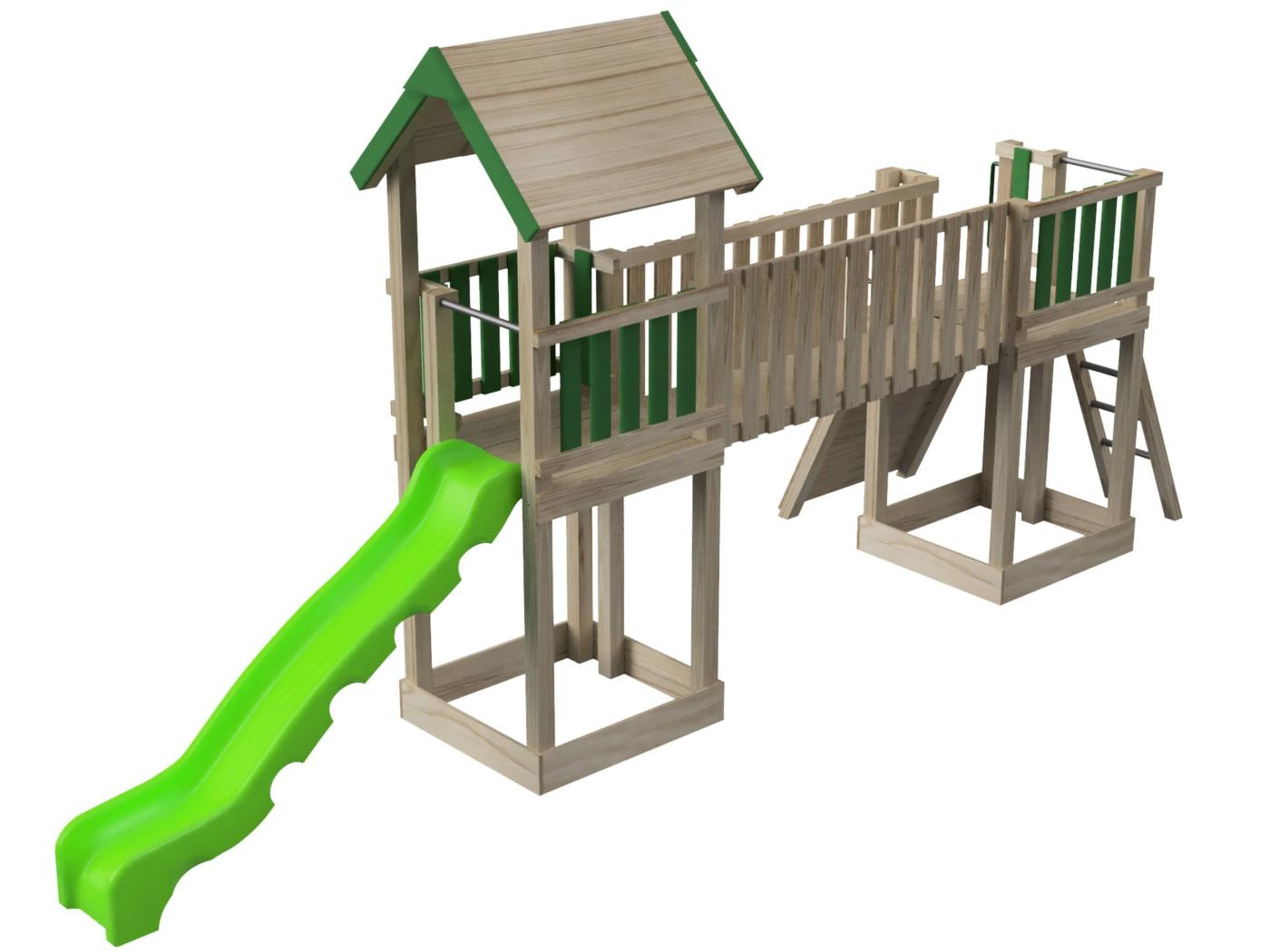 Parque infantil Masgames Aurora Boreal homologado para uso público horeca, con dos torres con casita, tobogán, pasarela y rocódromo vista 3