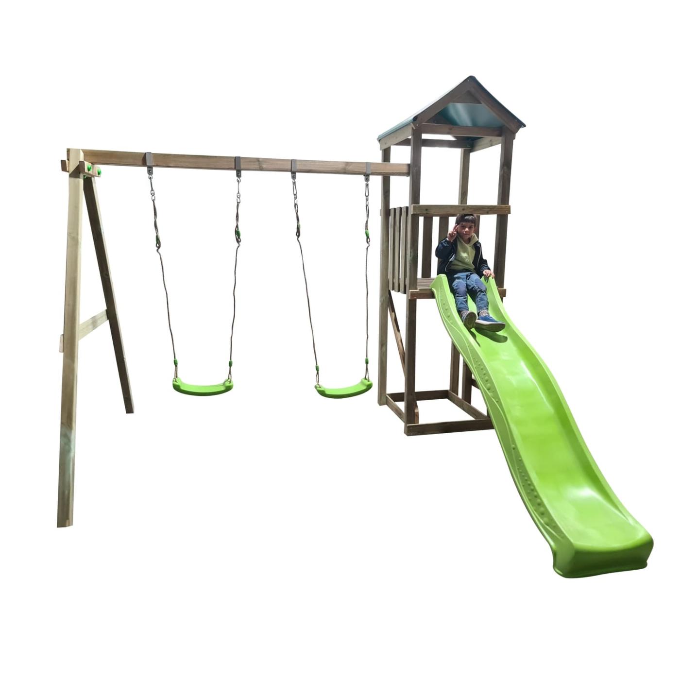 Parque infantil MASGAMES Carlit L com telhado em lona com baloiço duplo vista 3