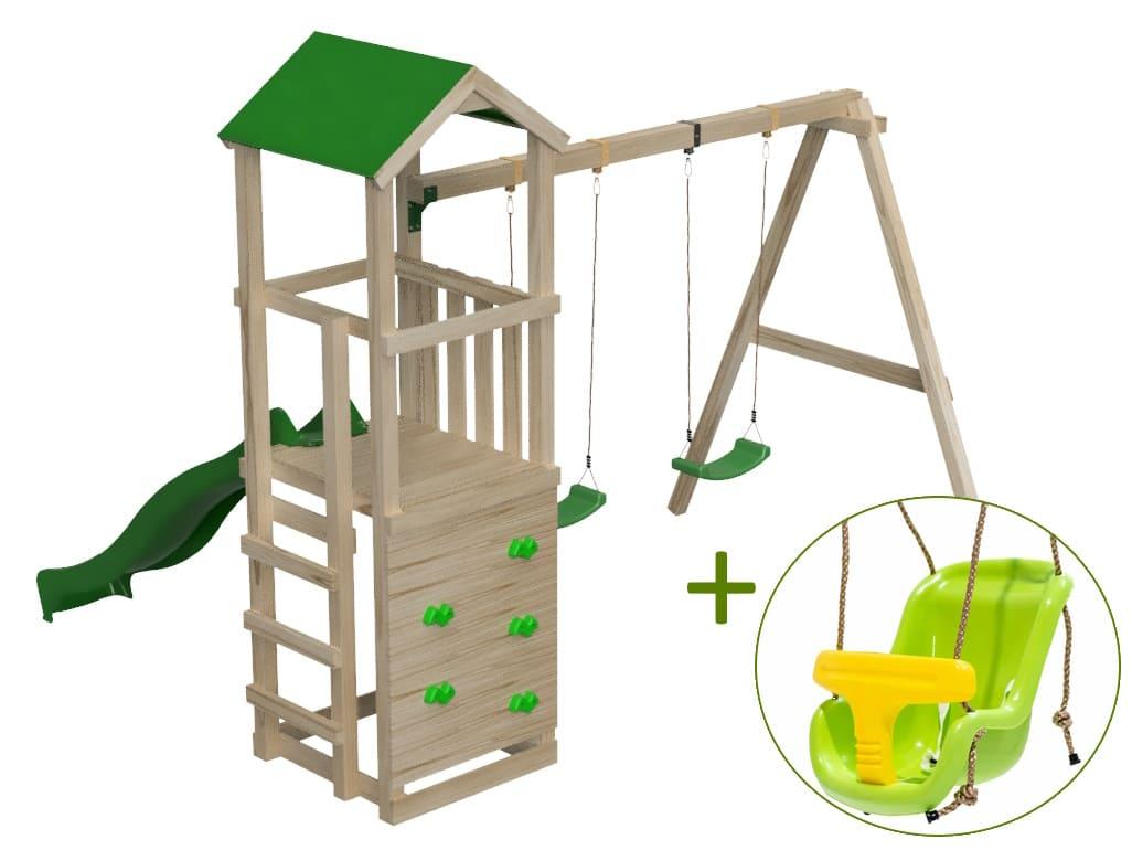 Parque infantil MASGAMES Carlit L com telhado em lona com parede de escalada, baloiço duplo e assento de bebê