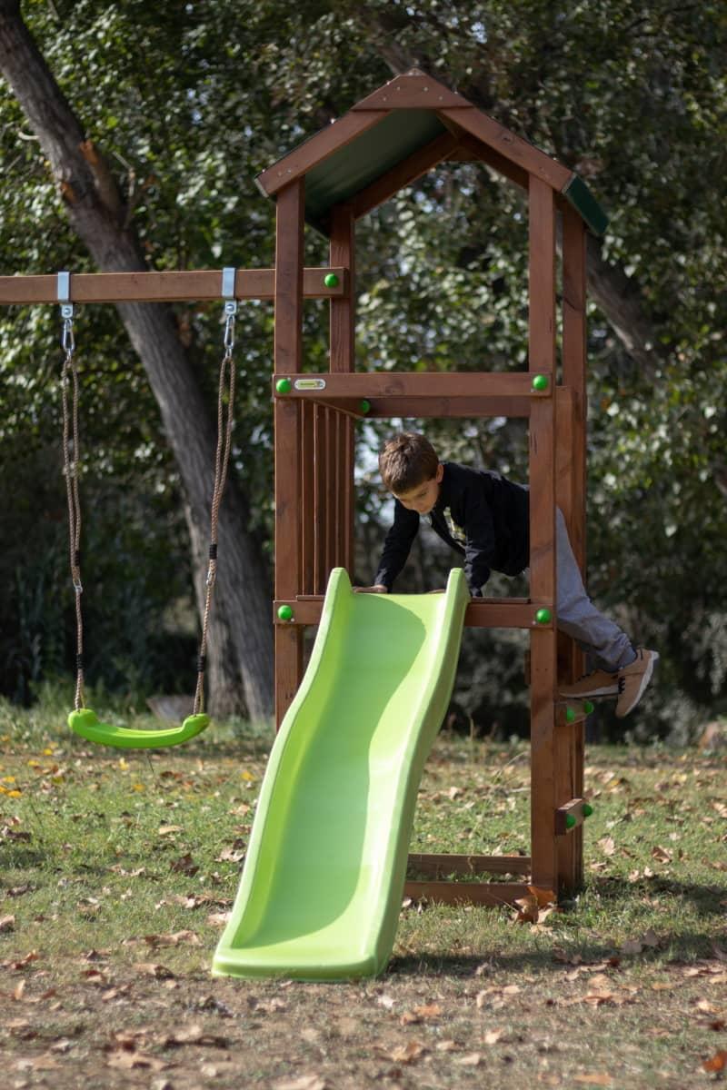 Parque infantil MASGAMES Carlit de maderia com teto de lona, torre com escorrega e baloiços de madeira