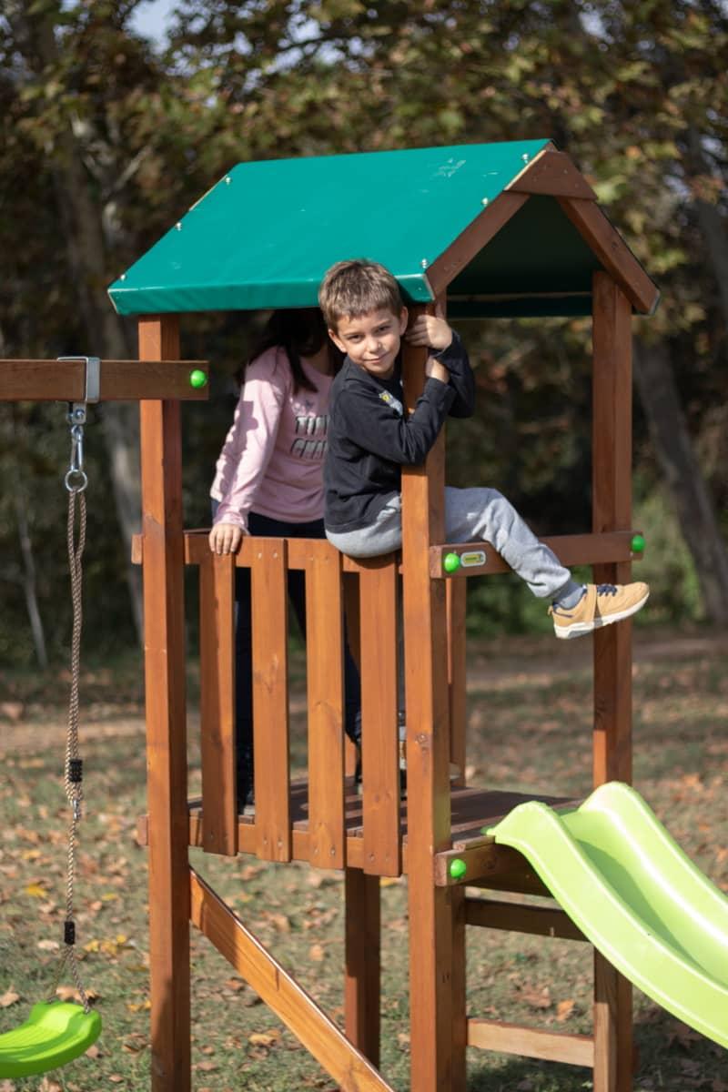 Parque infantil MASGAMES Carlit de maderia com teto de lona, torre com escorrega e baloiços de madeira