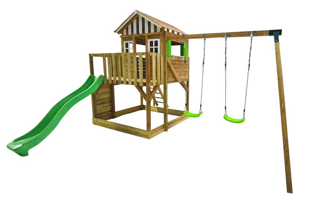 Parc infantil format per una caseta Lollipop L posada a una plataforma amb escala, paret d'escalada i rampa de tobogan. Aquesta versió a més a més té un gronxador.