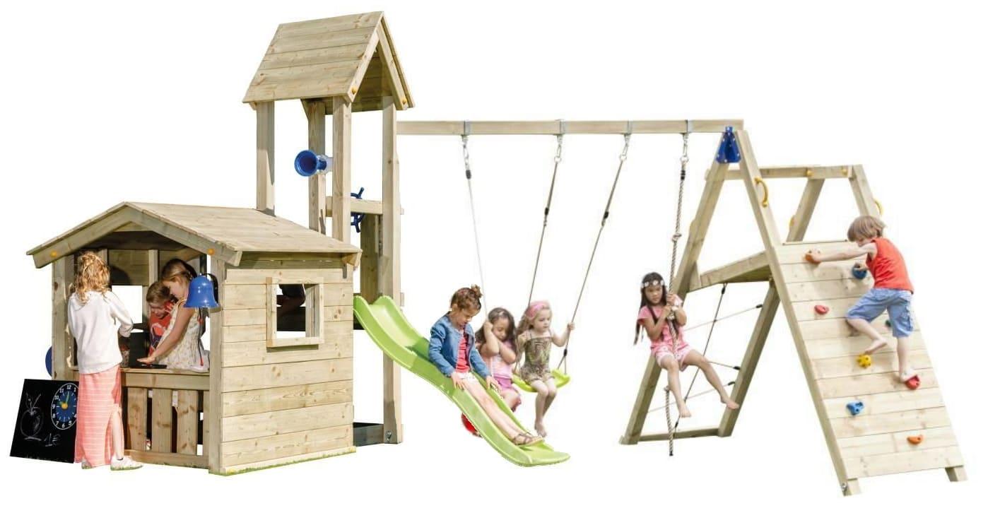 Parque infantil Masgames Lookout M com Challenger, torre com escorrega, casinha, baloiço duplo e parede de escalada