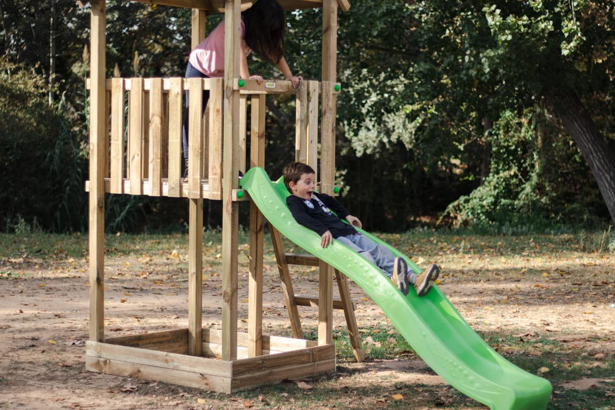 Parque infantil MASGAMES TIBIDABO torre de madera con tobogán, columpio y  techo de lona verde