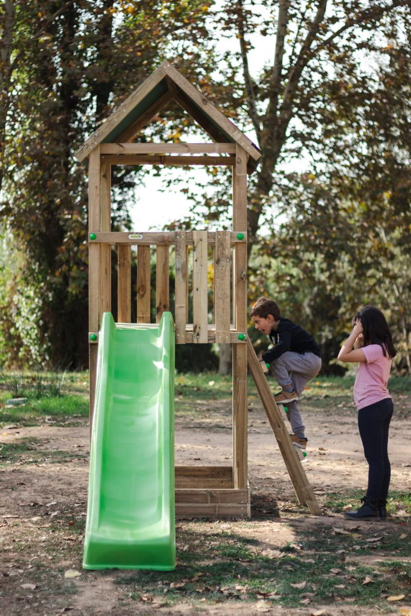 Parque infantil de madeira MASGAMES Tibidabo com escorrega, baloiço e com teto de lona verde