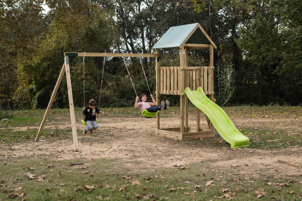 Parque infantil MASGAMES TIBIDABO torre de madera con tobogán, columpio y techo de lona verde