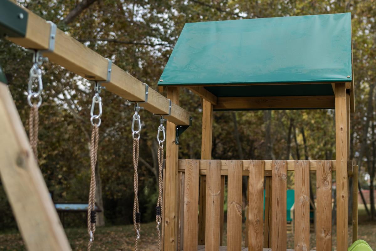 Parque infantil MASGAMES TIBIDABO torre de madera con tobogán, columpio y techo de lona verde 29