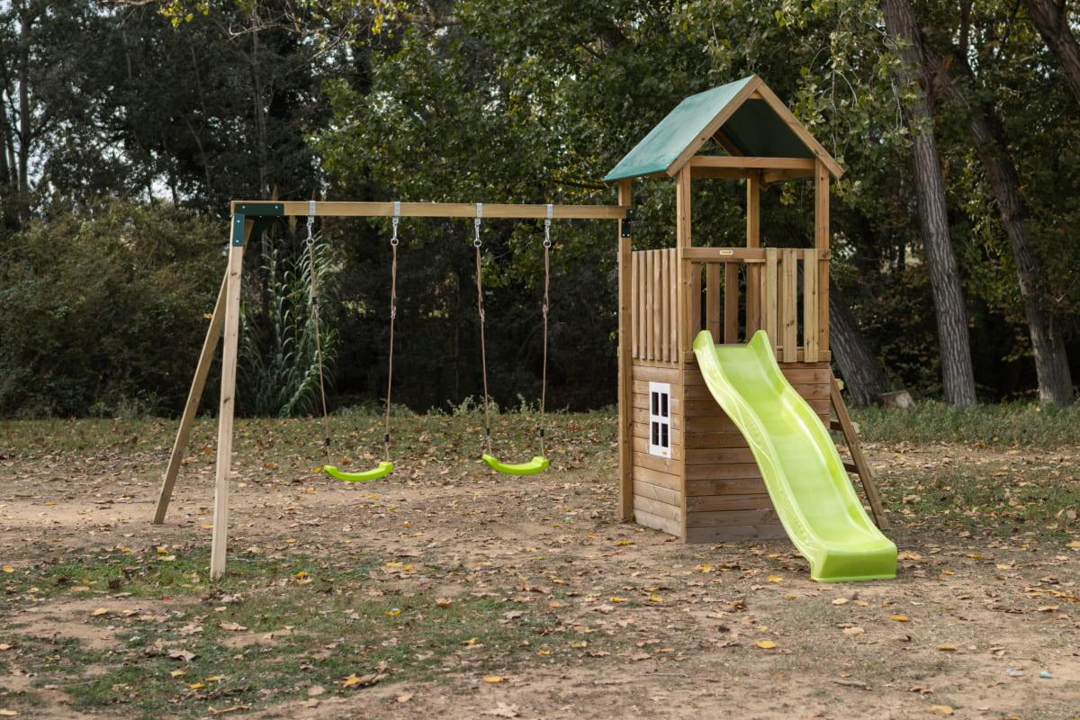 Parque infantil MASGAMES TIBIDABO torre de madera con tobogán, columpio y techo de lona verde 31