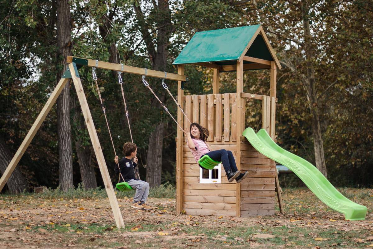 Parque infantil MASGAMES TIBIDABO torre de madera con tobogán, columpio y techo de lona verde 23