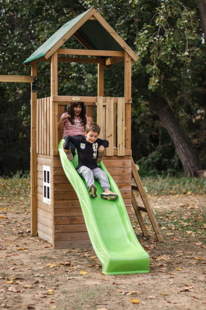 Parque infantil MASGAMES TIBIDABO torre de madera con tobogán, columpio y techo de lona verde 24