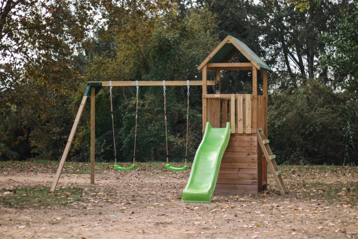 Parque infantil MASGAMES TIBIDABO torre de madera con tobogán, columpio y techo de lona verde 25