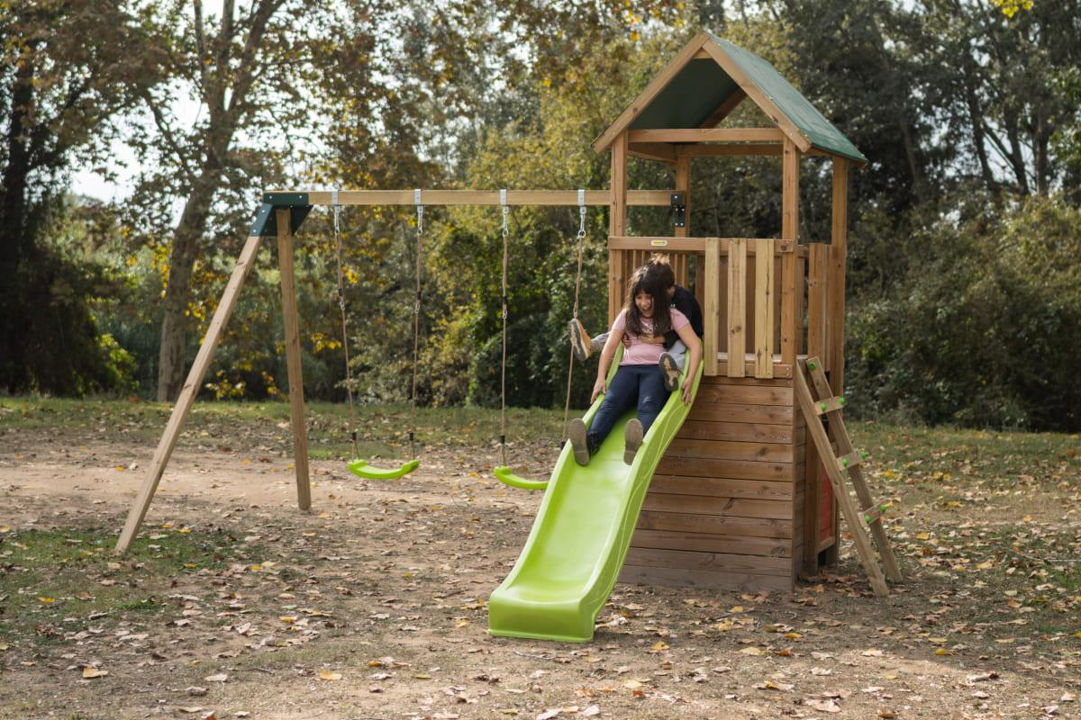 Parque infantil de madeira MASGAMES Tibidabo com escorrega, baloiço e com teto de lona verde 27