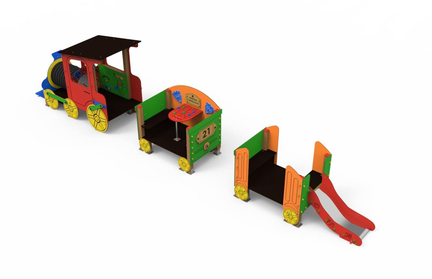 Parque infantil do comboio mineiro: locomotiva + 2 vagões