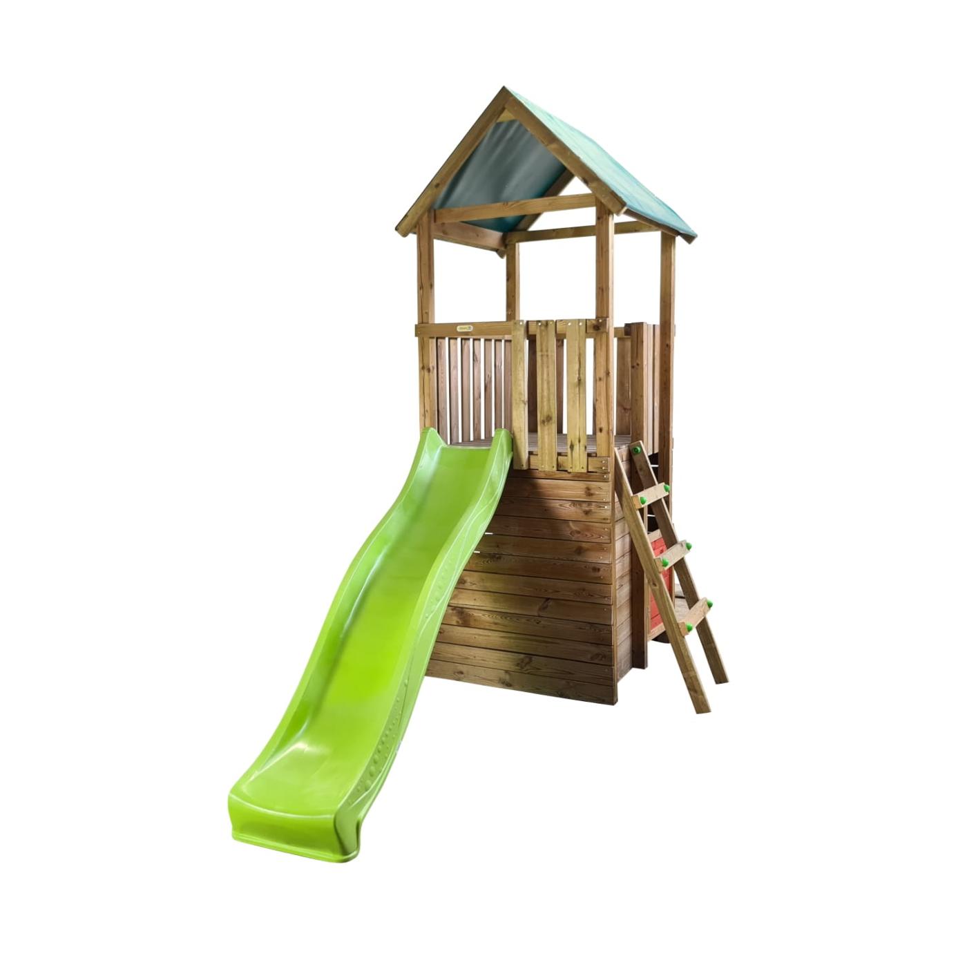 Parque infantil MASGAMES TIBIDABO torre de madera con tobogán y techo de lona verde