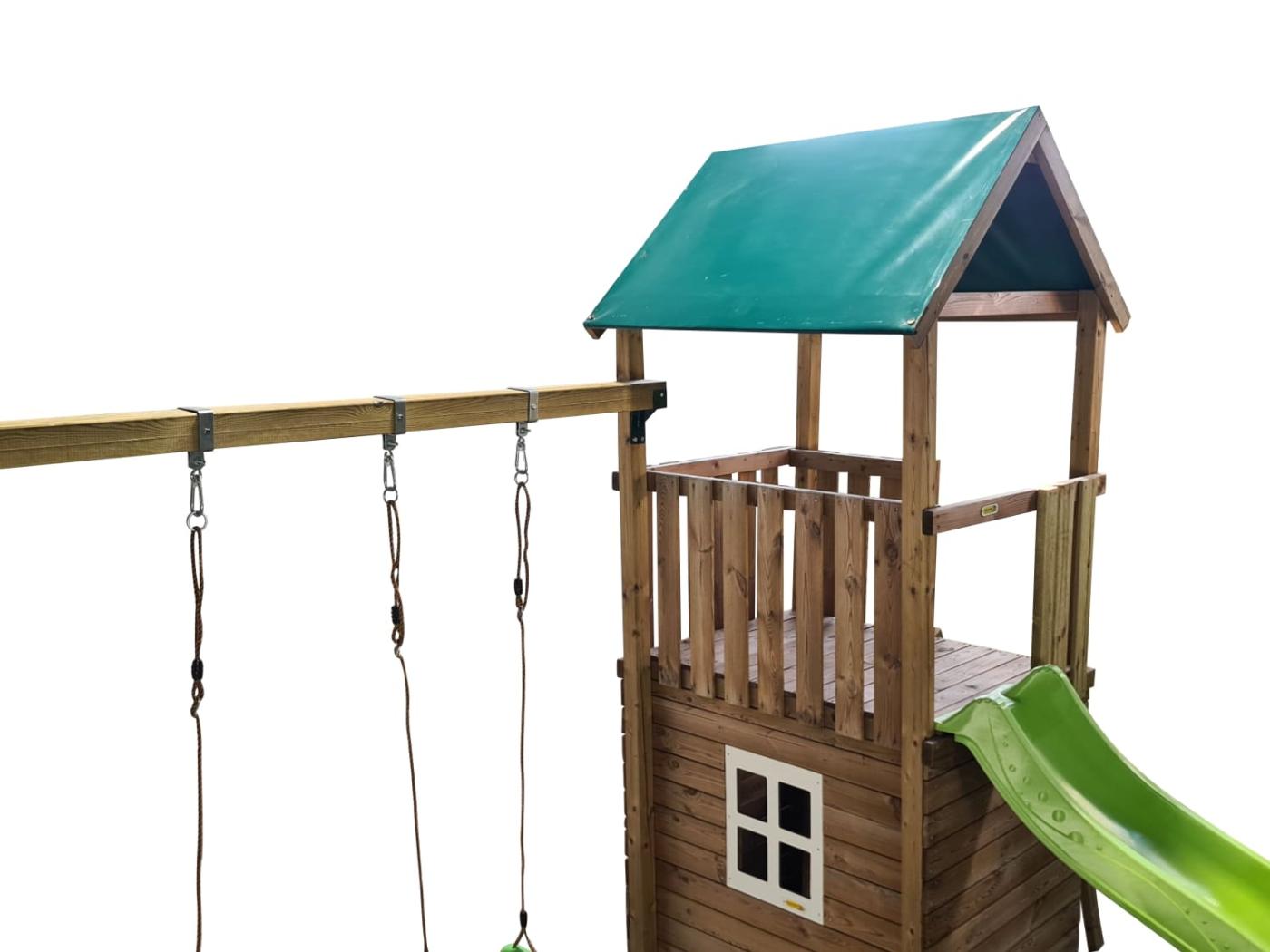 Parque infantil MASGAMES TIBIDABO torre de madera con tobogán, columpio y techo de lona verde