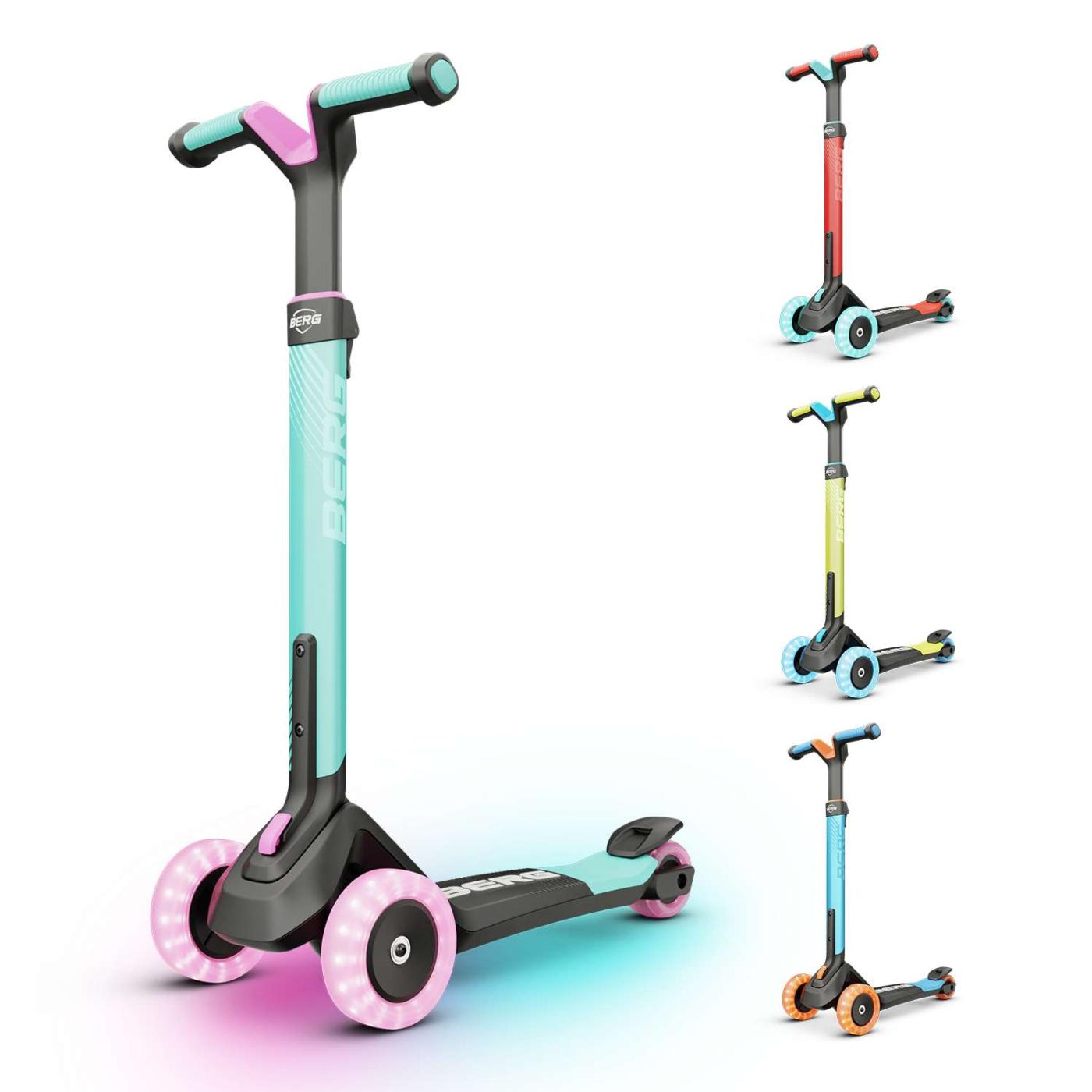 Patinete plegable BERG NEXO Light con plataforma LED color MENTA para ir a la escuela