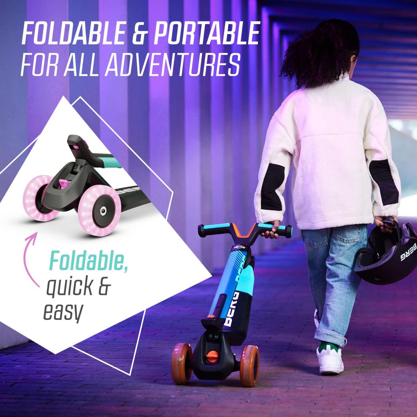 Patinete plegable BERG NEXO Light con plataforma LED color MENTA para ir a la escuela