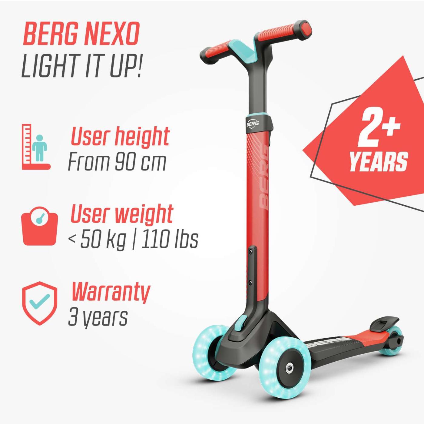 Patinete plegable BERG NEXO Light ROJO con luces en las ruedas ideal para ir a la escuela
