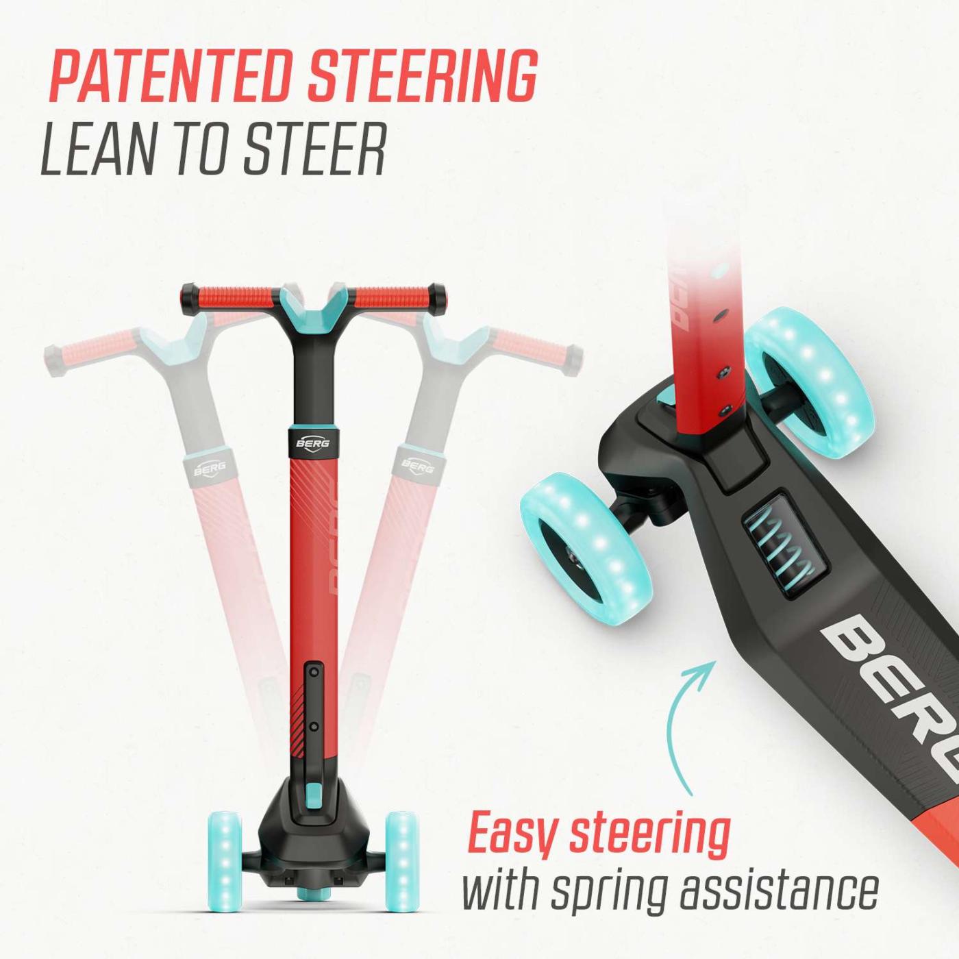 Patinete plegable BERG NEXO Light ROJO con luces en las ruedas ideal para ir a la escuela