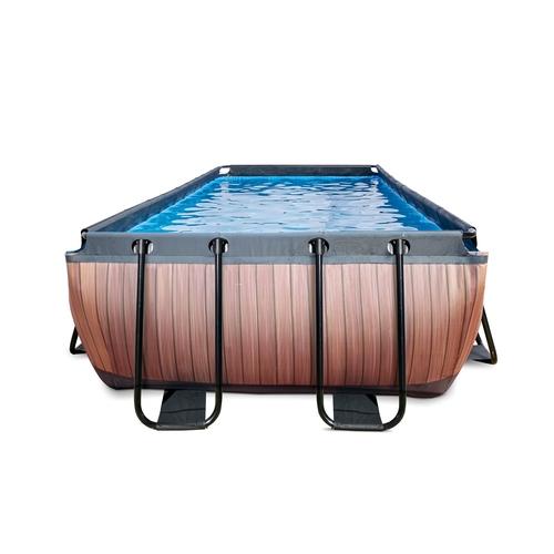 Piscina CUARZO 400 rectangular acabado madera con cubierta y agua caliente frontal