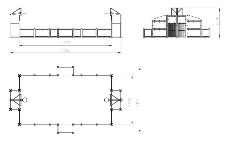 Pista multideportiva mediana uso público para basquet, fútbol, hándbol y otros deportes medidas
