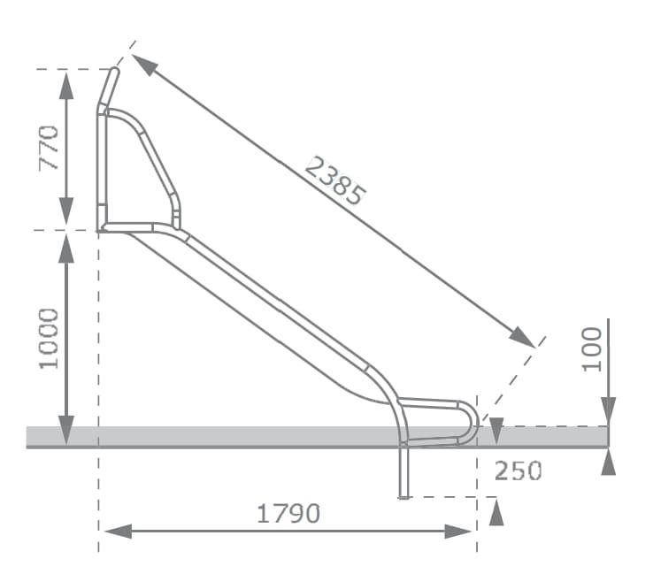 Rampa de tobogan inox ASTUR 50 diferents mides i de 50 centímetres d'amplada amb laterals a la entrada i barrot superior rampa 100 cm alçada mides