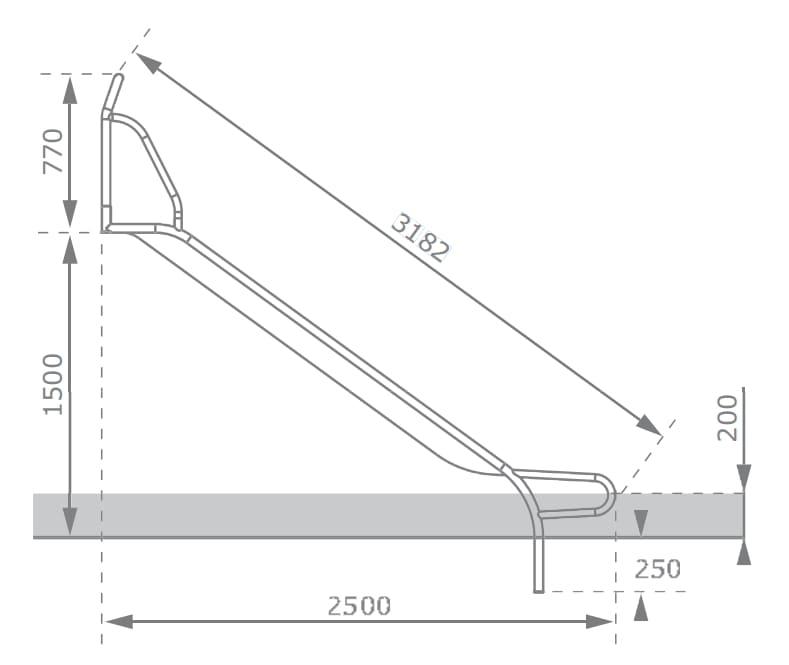 Rampa de tobogan inox ASTUR 50 diferents mides i de 50 centímetres d'amplada amb laterals a la entrada i barrot superior rampa 150 cm alçada mides