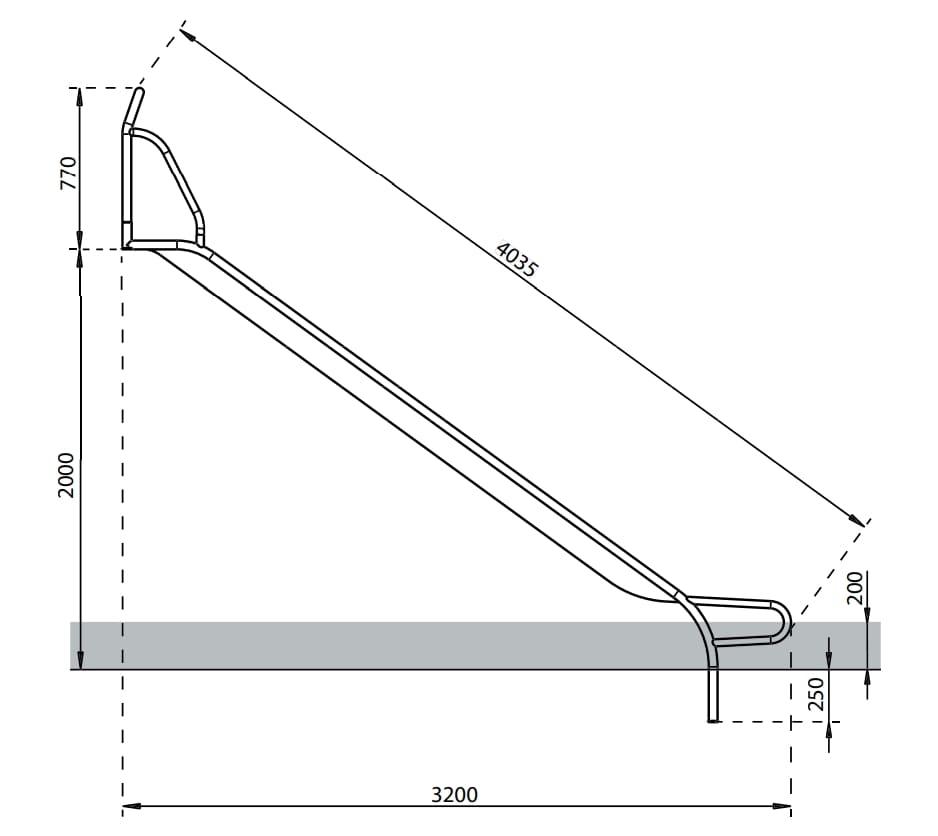Rampa de tobogan inox ASTUR 50 diferents mides i de 50 centímetres d'amplada amb laterals a la entrada i barrot superior rampa 200 cm alçada mides