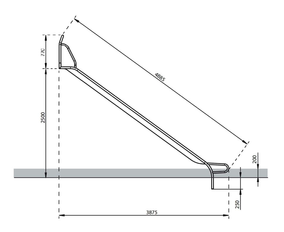 Rampa de tobogan inox ASTUR 50 diferents mides i de 50 centímetres d'amplada amb laterals a la entrada i barrot superior rampa 250 cm alçada mides