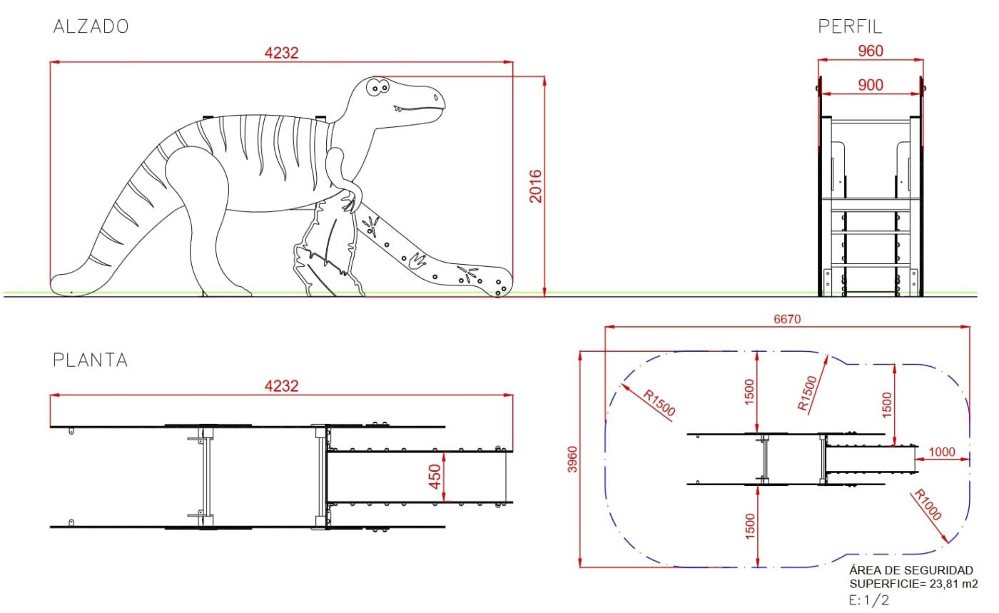 Parque infantil com rampa de escorrega com a forma de um dinossauro alossauro