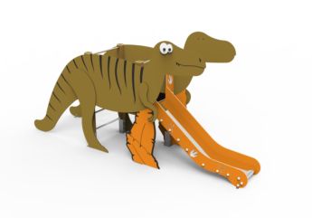 Parque infantil com rampa de escorrega com a forma de um dinossauro alossauro