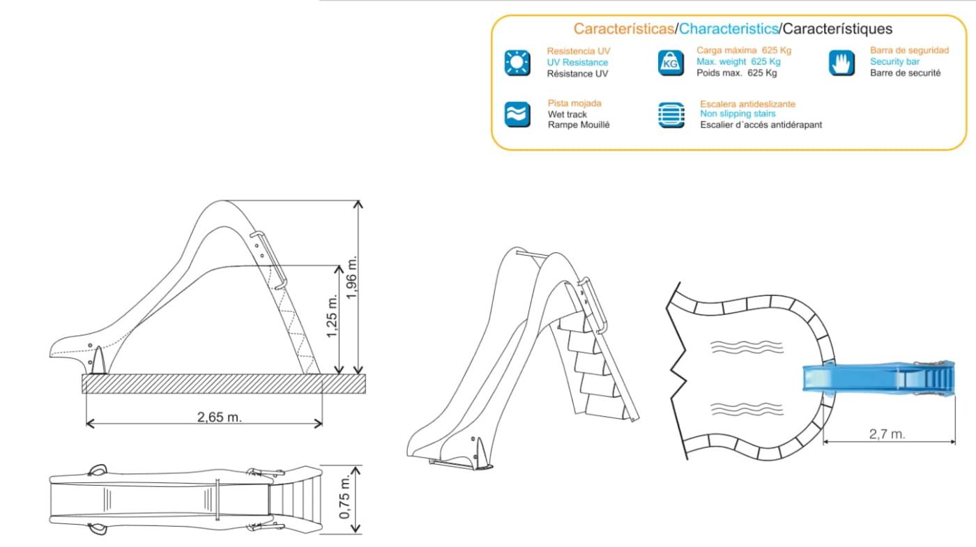 Toboagua para piscina Reto de 125 cm de altura homologado para uso público