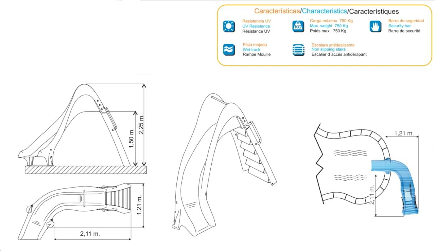 Tobogán acuático de piscina Curvado hacia derecha o izquierda de 150 cm de altura homologado para uso público