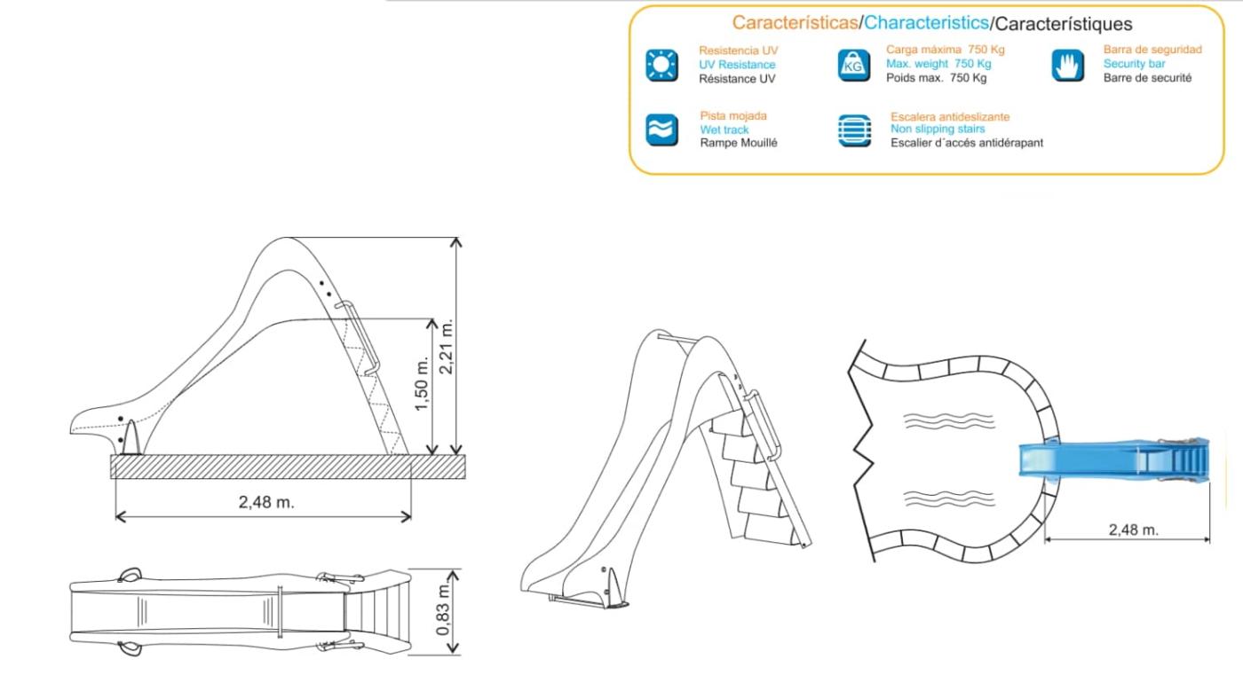 Toboagua para piscina Reto de 150 cm de altura homologado para uso público