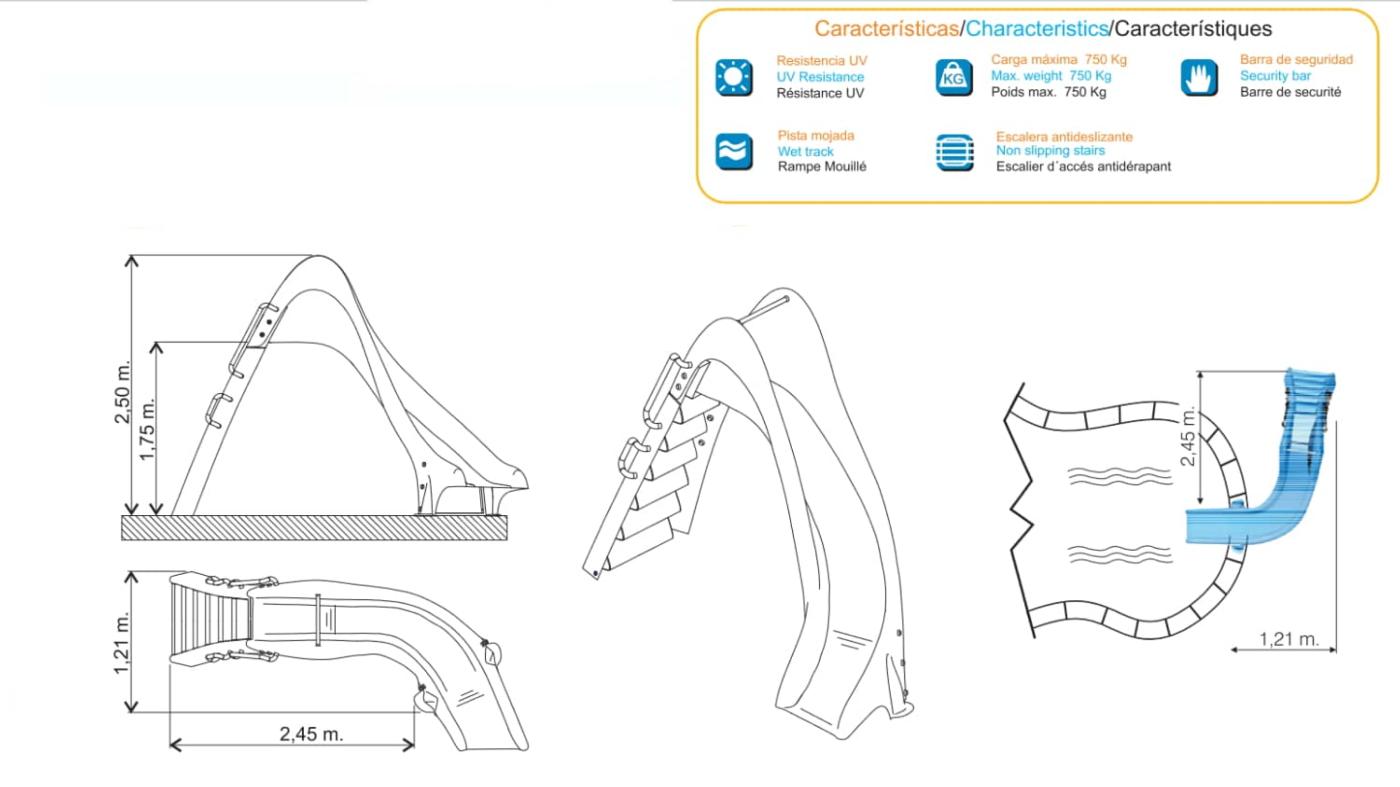 Tobogan aquàtic de piscina corbat cap a la dreta o esquerra de 175 cm d'alçada homologat per a ús públic