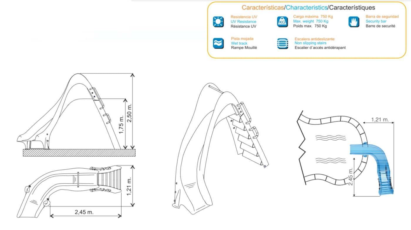 Tobogan aquàtic de piscina corbat cap a la dreta o esquerra de 175 cm d'alçada homologat per a ús públic