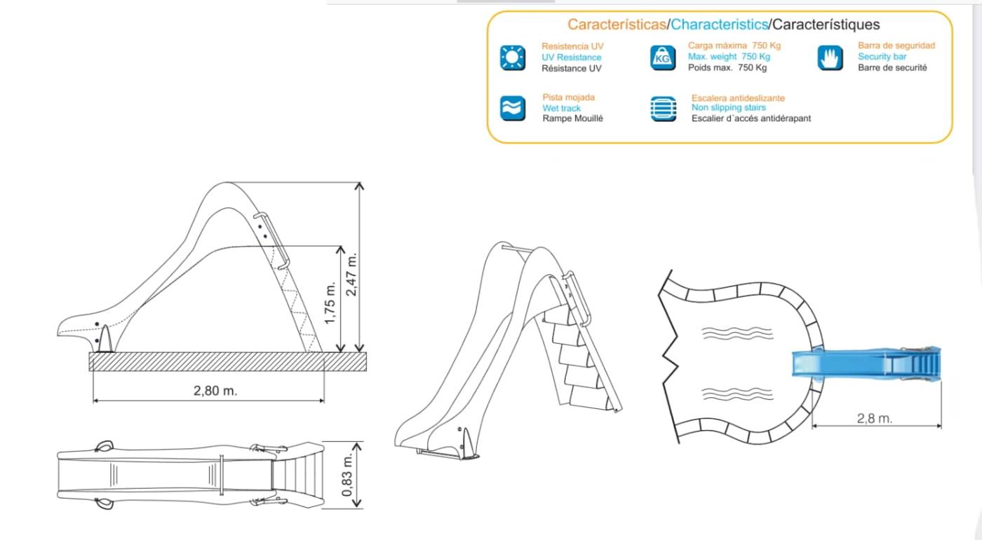 Tobogán acuático de piscina Recto de 175 cm de altura homologado para uso público