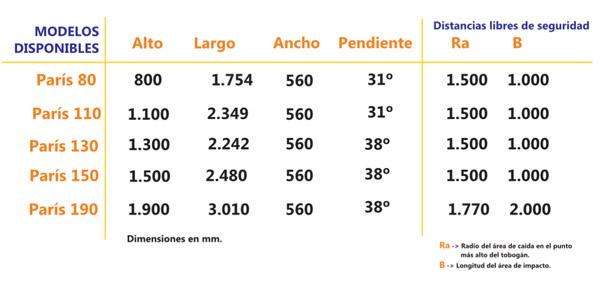 Rampa de tobogán Paris homologada para uso público, varios colores y medidas