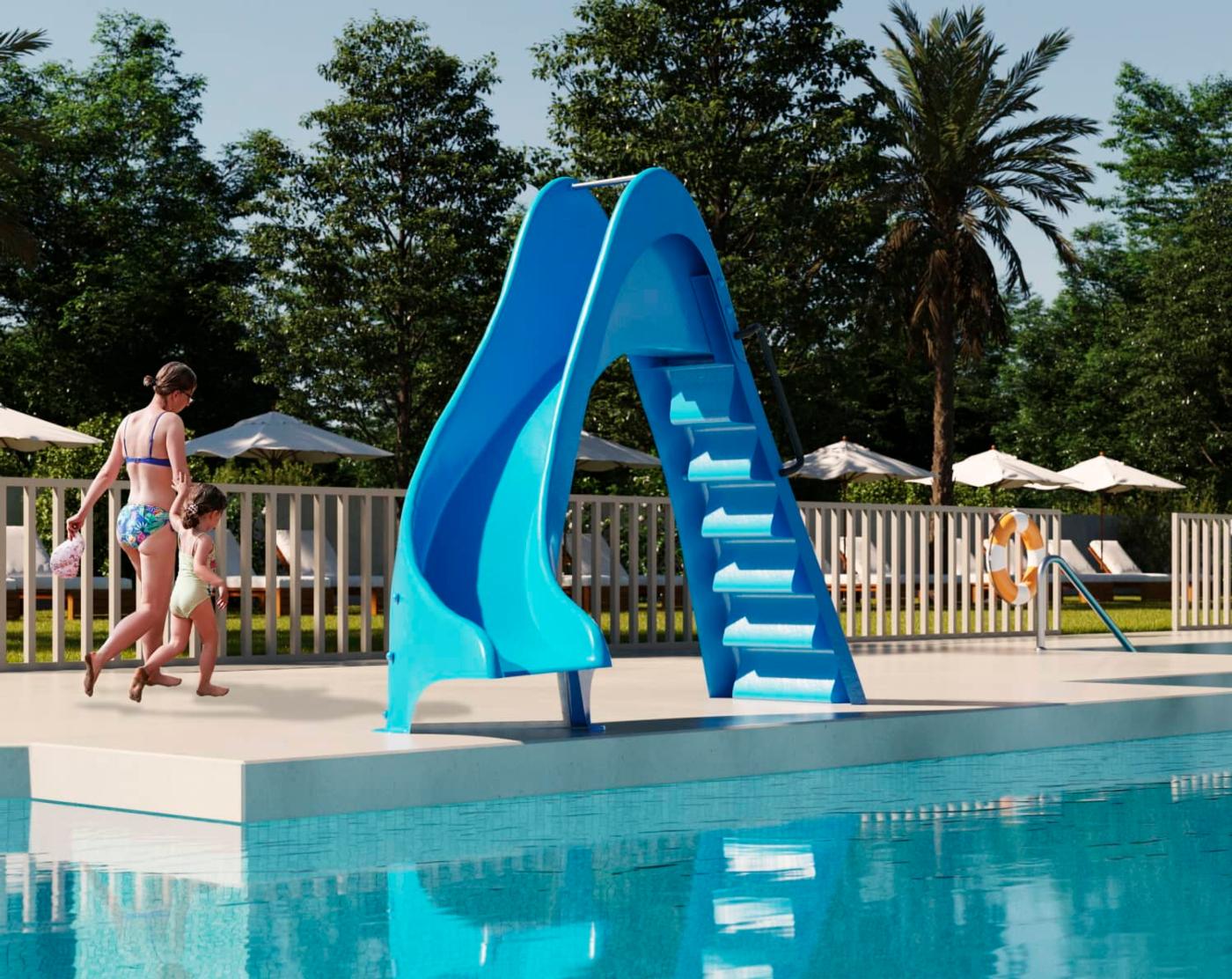 Tobogán acuático de piscina Curvado hacia derecha o izquierda de 150 cm de altura homologado para uso público