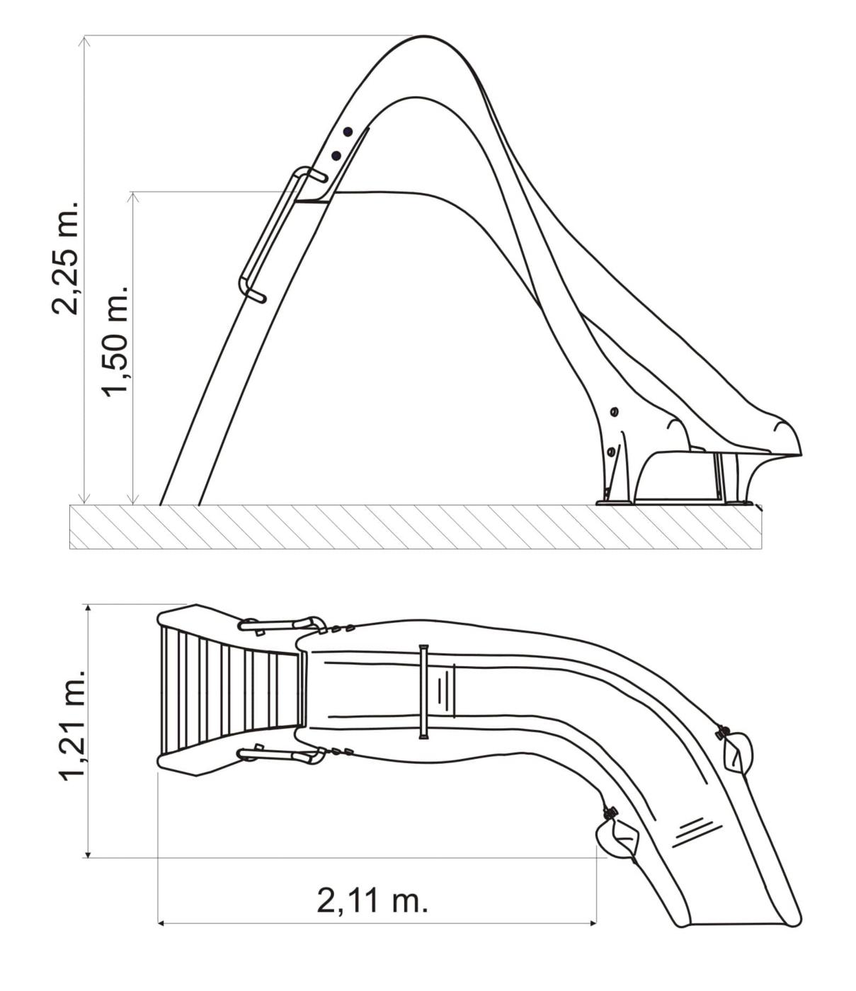 Toboagua para piscina curvado dereita ou esquerda de 150 cm de altura homologado para uso público