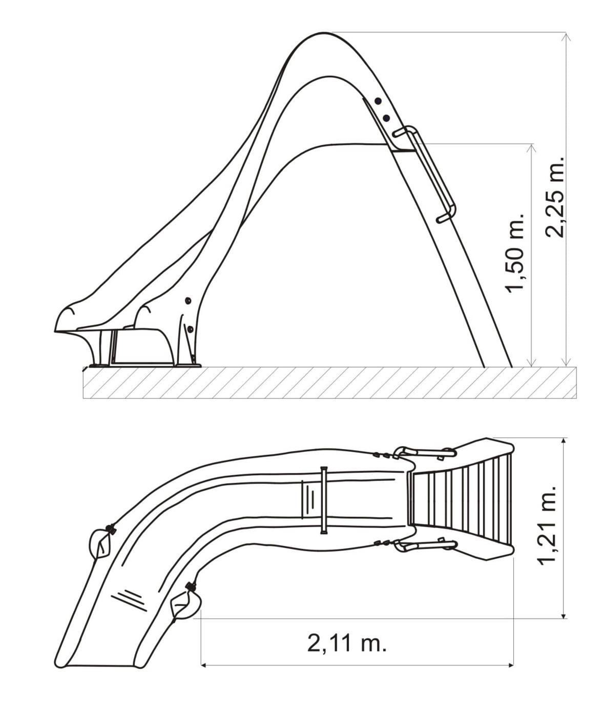 Toboagua para piscina curvado dereita ou esquerda de 150 cm de altura homologado para uso público