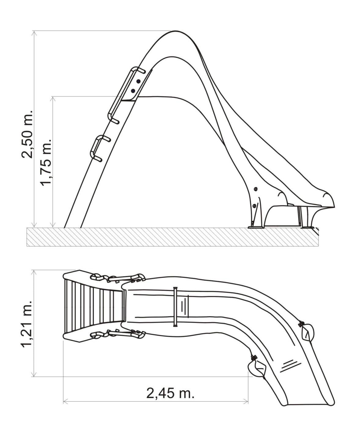 Toboagua para piscina curvado dereita ou esquerda de 175 cm de altura homologado para uso público