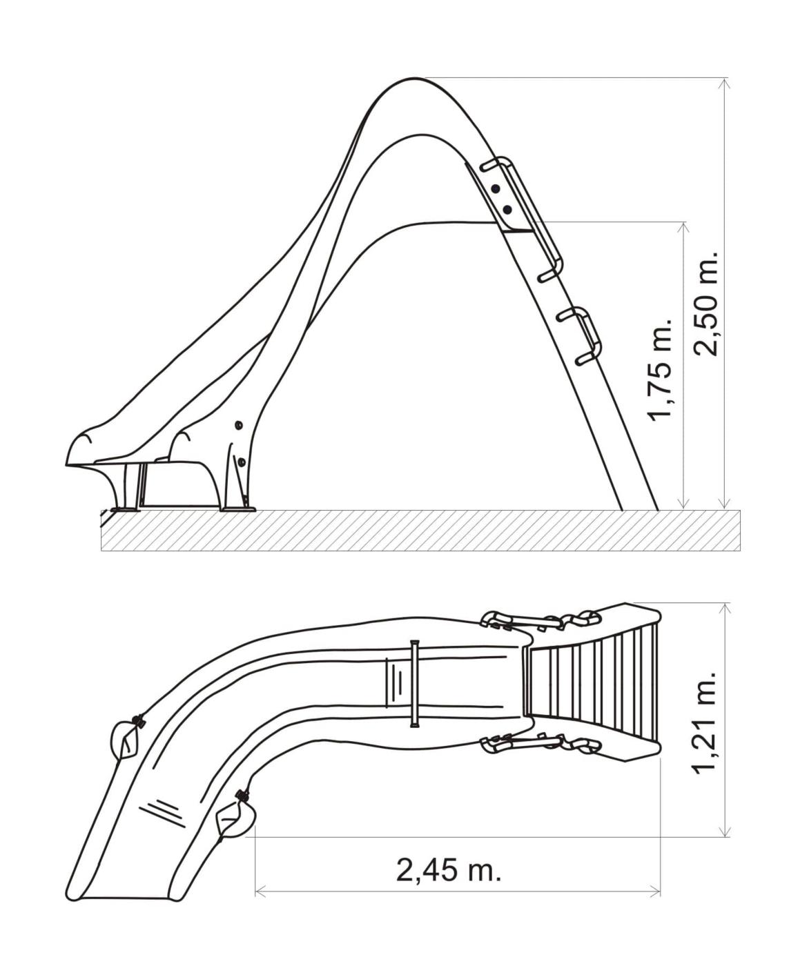 Toboagua para piscina curvado dereita ou esquerda de 175 cm de altura homologado para uso público